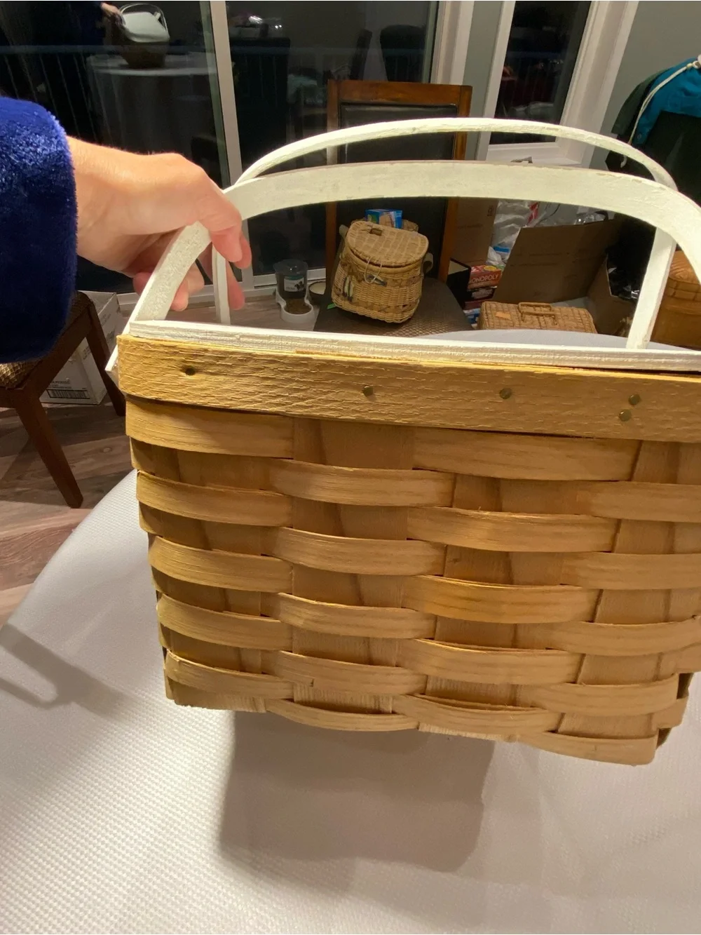 Woven Straw picnic basket w/White Handles red checkered lining